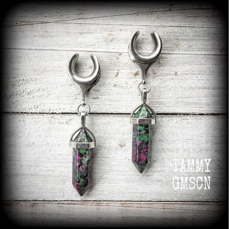 This is a pair of Ruby in fuchsite gauged earrings, made with long gemstones on cradle style hooks for stretched lobes. choose from several options of hooks and clasps for pierced ears and stretched lobes up to 30mm.