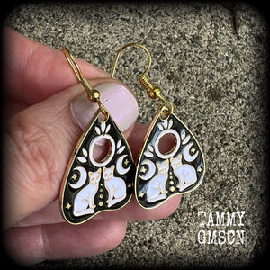 Occult cat and crescent moon ouija planchette earrings