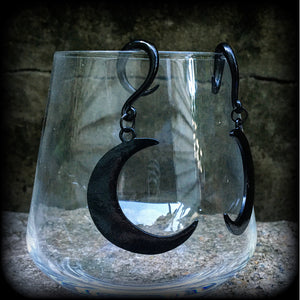 Crescent moon earrings-Black moon gauged earrings