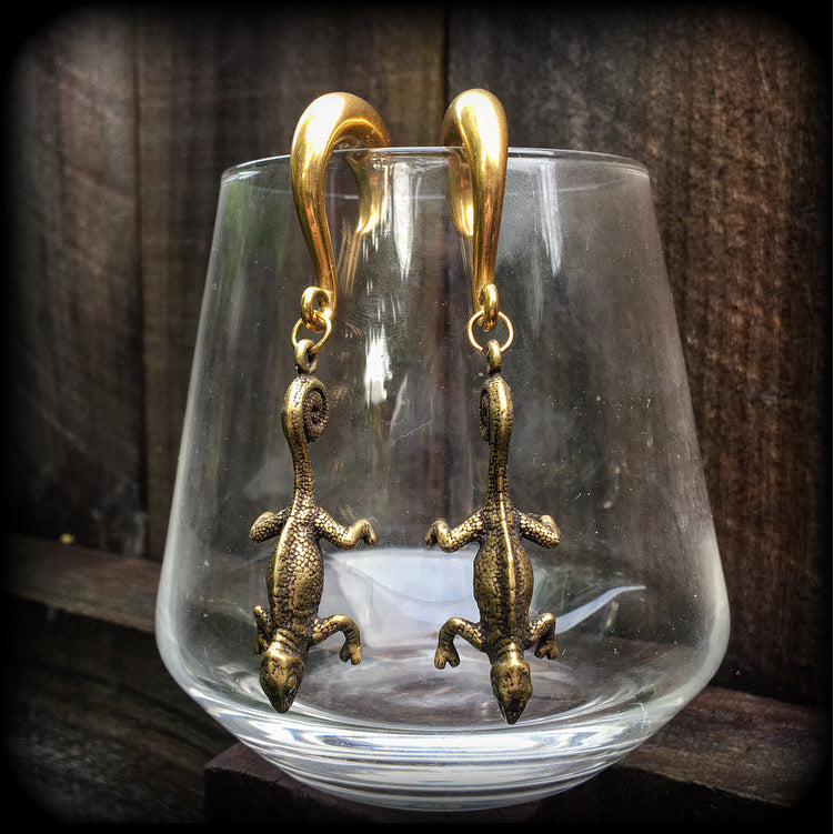 These earrings are brass chameleon lizards hanging by their tail, pictured here with our half curl hooks. Choose from 4 different style hooks for lobes stretched up to 30mm.