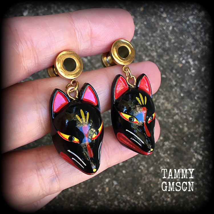 Black kitsune tunnel earrings-Japanese earrings