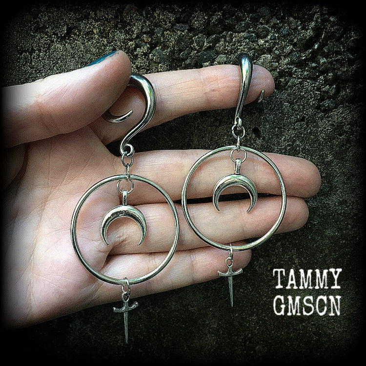 Crescent moon and dagger gauged earrings