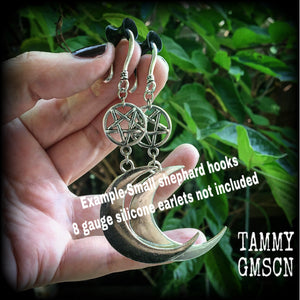Crescent moon and pentagram earrings-Occult body jewelry