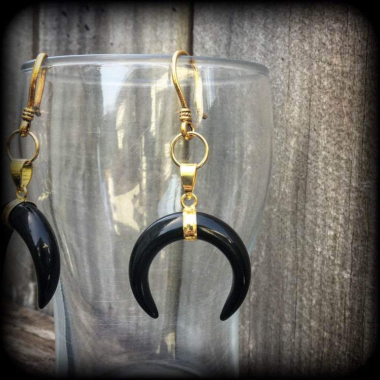 Black obsidian double horn earrings-Ear hangers