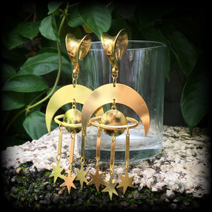 Crescent moon and celestial bodies gauged earrings