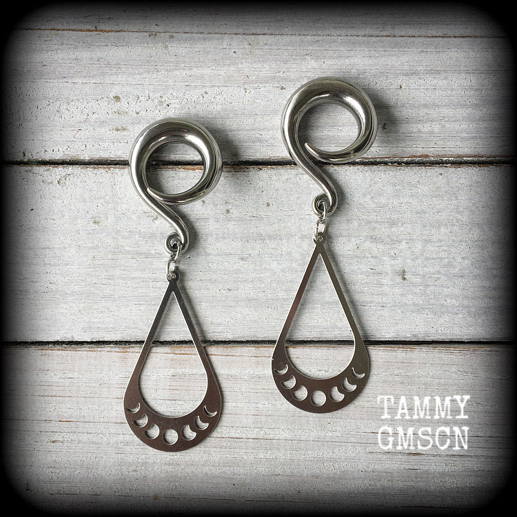 These gorgeous earrings feature stainless steel tear drop moon phase charms, measuring just on 7cms from tip to tip, and weighing only 8 grams each, not too heavy.

These gauged earrings have been made on 2 gauge (6mm) surgical steel full curl hooks, to be worn in stretched lobes.