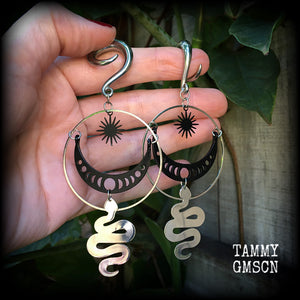 Snake gauged earrings Silver snake ear weights Serpent ear weights Serpent jewelry Snake earrings Snake jewelry Moon phase ear gauges Witchy vibes Cottagecore Fairycore Witchcore 2 gauge ear weights Occult jewelry 4mm 6mm 8mm 10mm 12mm 14mm 16mm 19mm 22mm 25mm 28mm 30mm