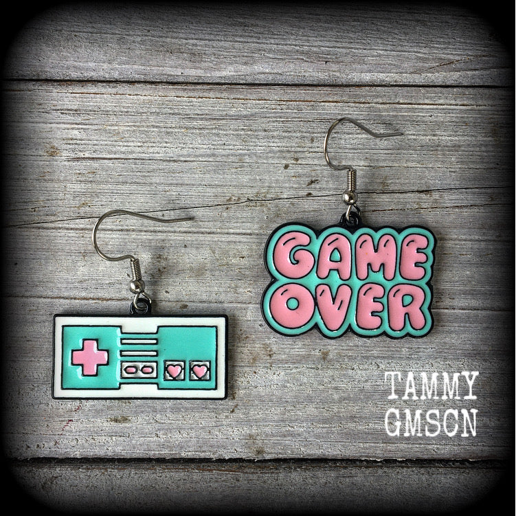 Gamer earrings Gamer girl earrings Gifts for gamers Gaming consoles Retro gaming Arcade games Pinball machines Game over Pierced ears for girls Gifts for girls Pink earrings