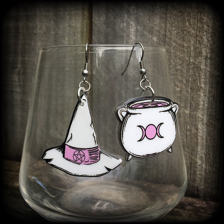 Witches hat and cauldron earrings-Pastel goth earrings