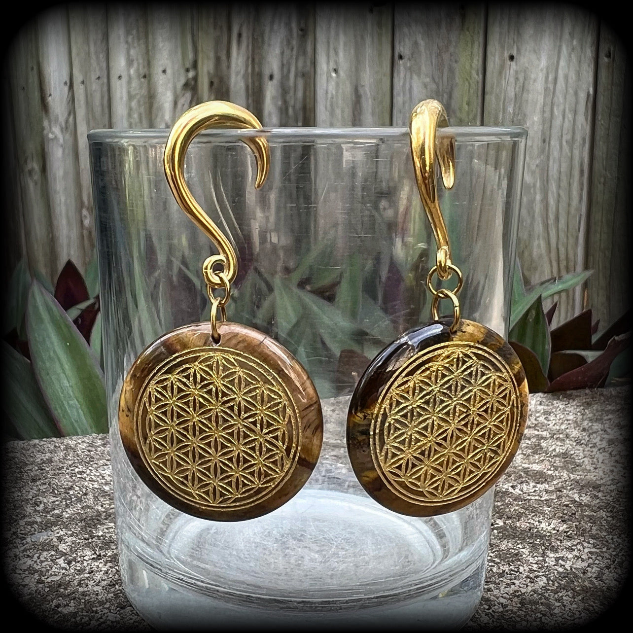 Tigers eye gemstone gauged earrings-Flower of life ear weights