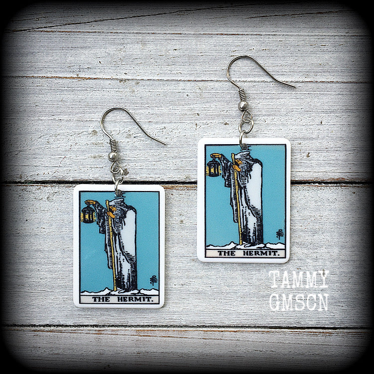 The Hermit Tarot card earrings Tarot cards Chiromancy Palmistry Tarot jewellery Occult jewellery Esoteric jewelry Pierced ears Stretched lobes
