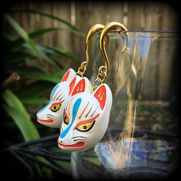 White kitsune gauged earrings-Wood earrings