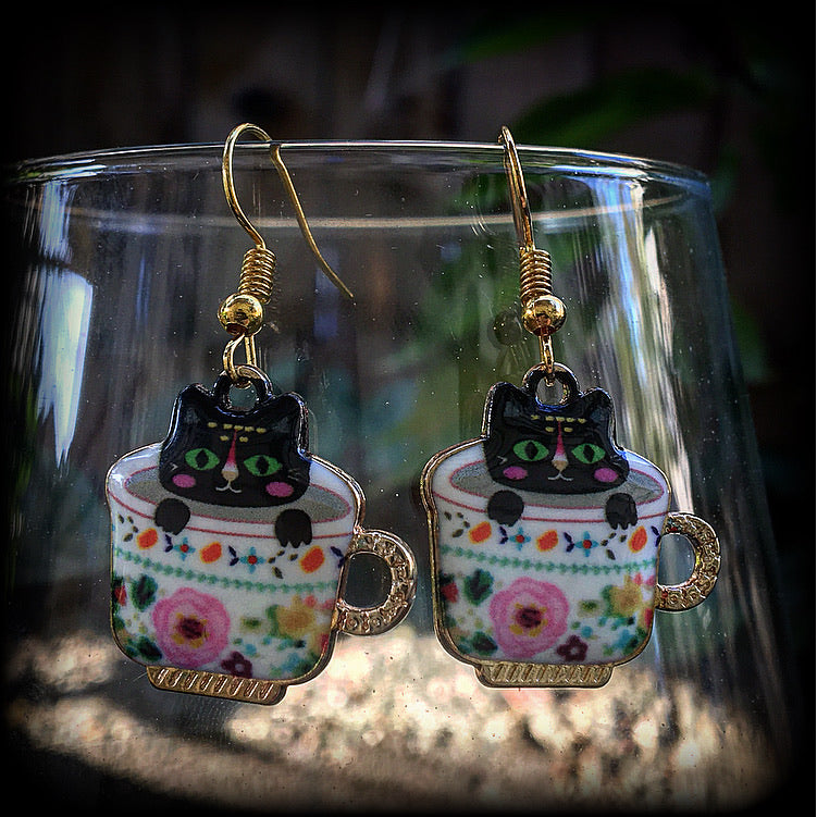 Cat earrings-Teacup folk art earrings