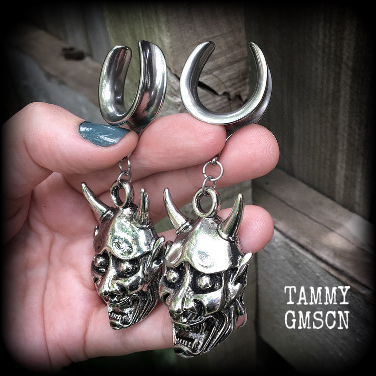 Hannya mask gauged earrings