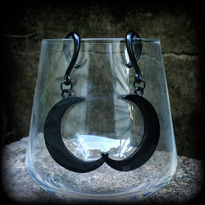 Crescent moon earrings-Black moon gauged earrings