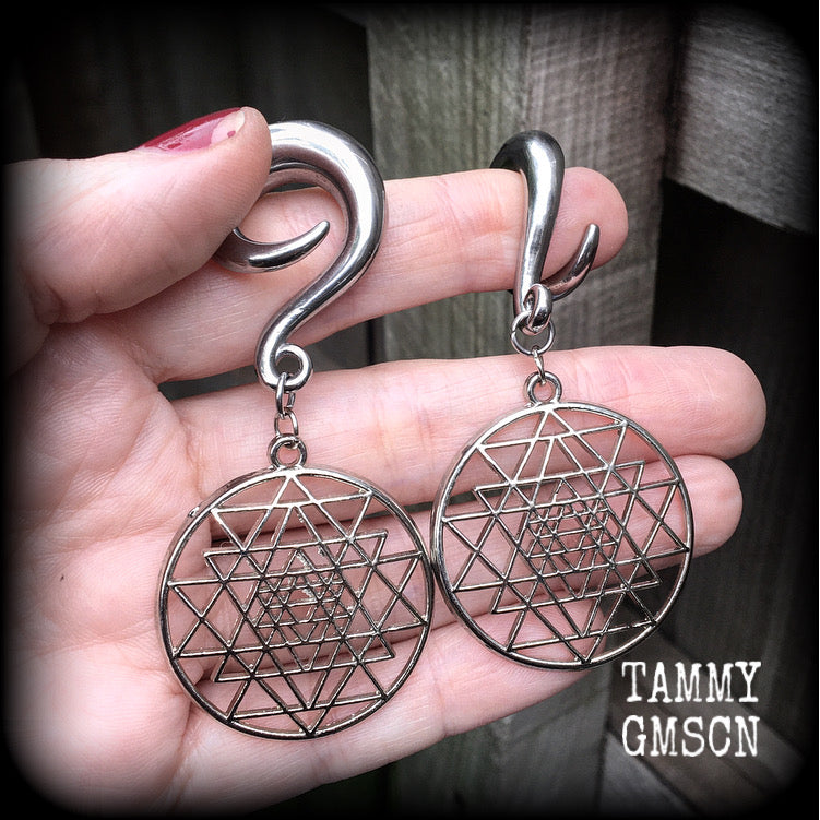 Sri Yantra gauged earrrings-Geometric ear weights