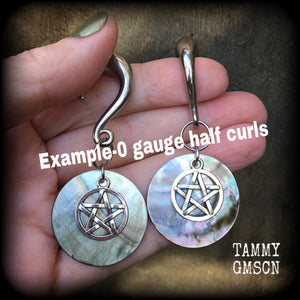 Mother of Pearl and pentagram gauged earrings-Shell earrings