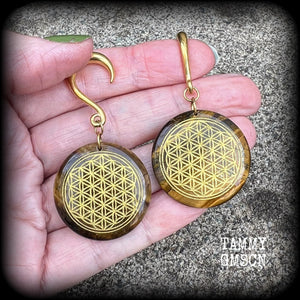 Tigers eye gemstone gauged earrings-Flower of life ear weights