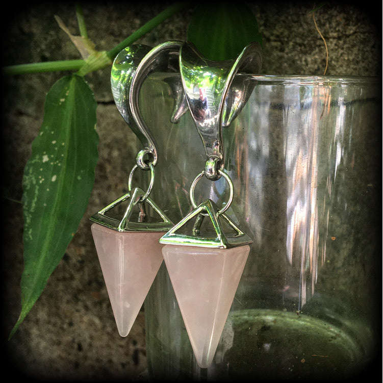 Rose quartz gauged earrings-Gemstone ear weights