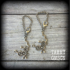 These adorable antique silver THC molecule earrings measure just over 6cms from tip to tip, weighing only a few grams.
This pair have been made with chain and lobster clasp 4mm to be worn in earlets and tunnels in stretched lobes from 6 gauge (4mm).