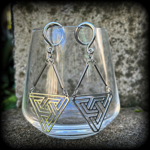 Triangle maze earrings Geometic earrings Geometric jewellery Geometric gauged earrings Optical illusion ear hangers MC Escher 6 gauge ear weights Stretched ears Stretched lobes Ear gauges 4mm 6mm 8mm 10mm 12mm 14mm 16mm 19mm 22mm 25mm 28mm 30mm