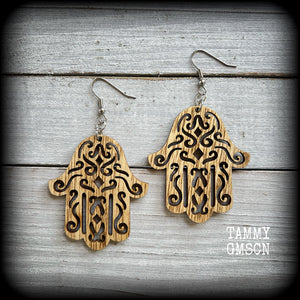 Hamsa hand earrings-Wood earrings