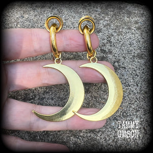 Antique gold crescent moon gauged hoop earrings