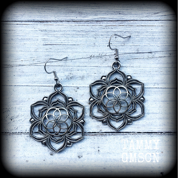 Flower of life earrings Seed of life earrings Mandala earrings Sacred geometry jewllery Boho earrings Boho gypsy jewelry Ear hangers Tunnel dangles Tunnel earrings