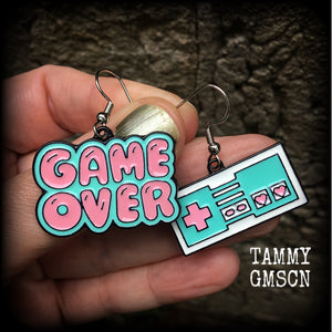 Gamer earrings Gamer girl earrings Gifts for gamers Gaming consoles Retro gaming Arcade games Pinball machines Game over Pierced ears for girls Gifts for girls Pink earrings