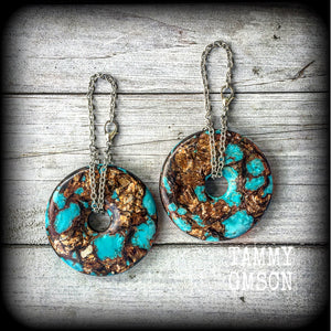 Turquoise gauged earrings-Bronzite ear hangers