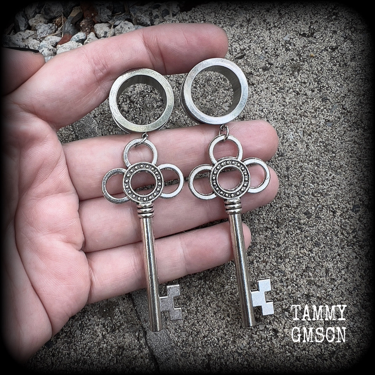 Large Antique silver key tunnel earrings