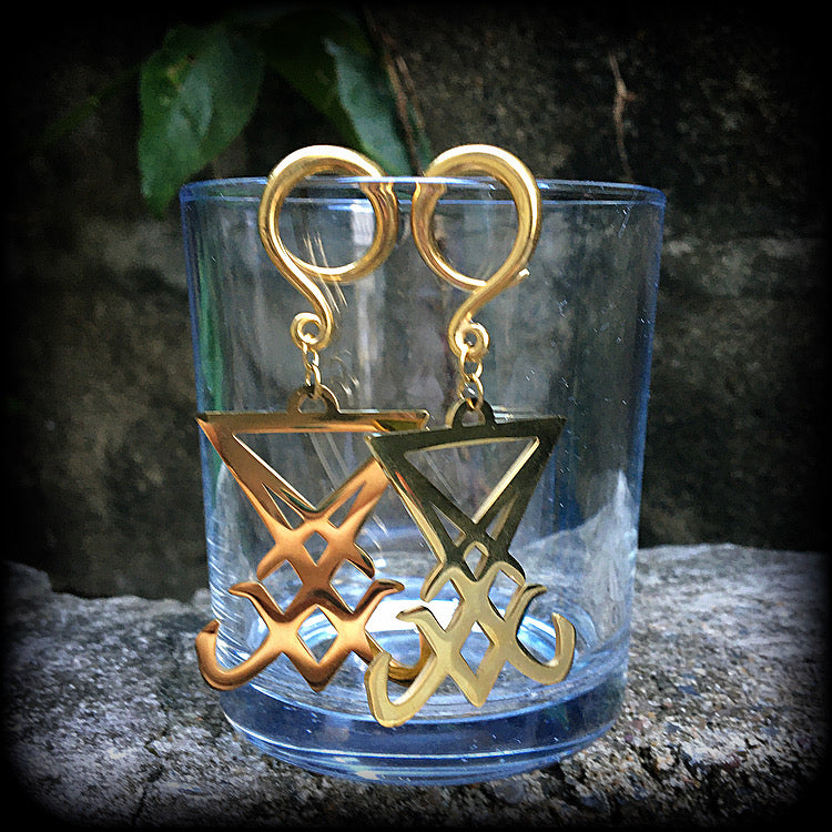 Sigil of Lucifer gauged earrings Satanic earrings Evil jewelry Occult ear weights Ear hangers Ear gauges 6 gauge ear weights Church of Satan Body jewelry Stretched ears Lobes Occult jewelry 4mm 6mm 8mm 10mm 12mm 14mm 16mm 19mm 22mm 25mm 28mm 30mm 