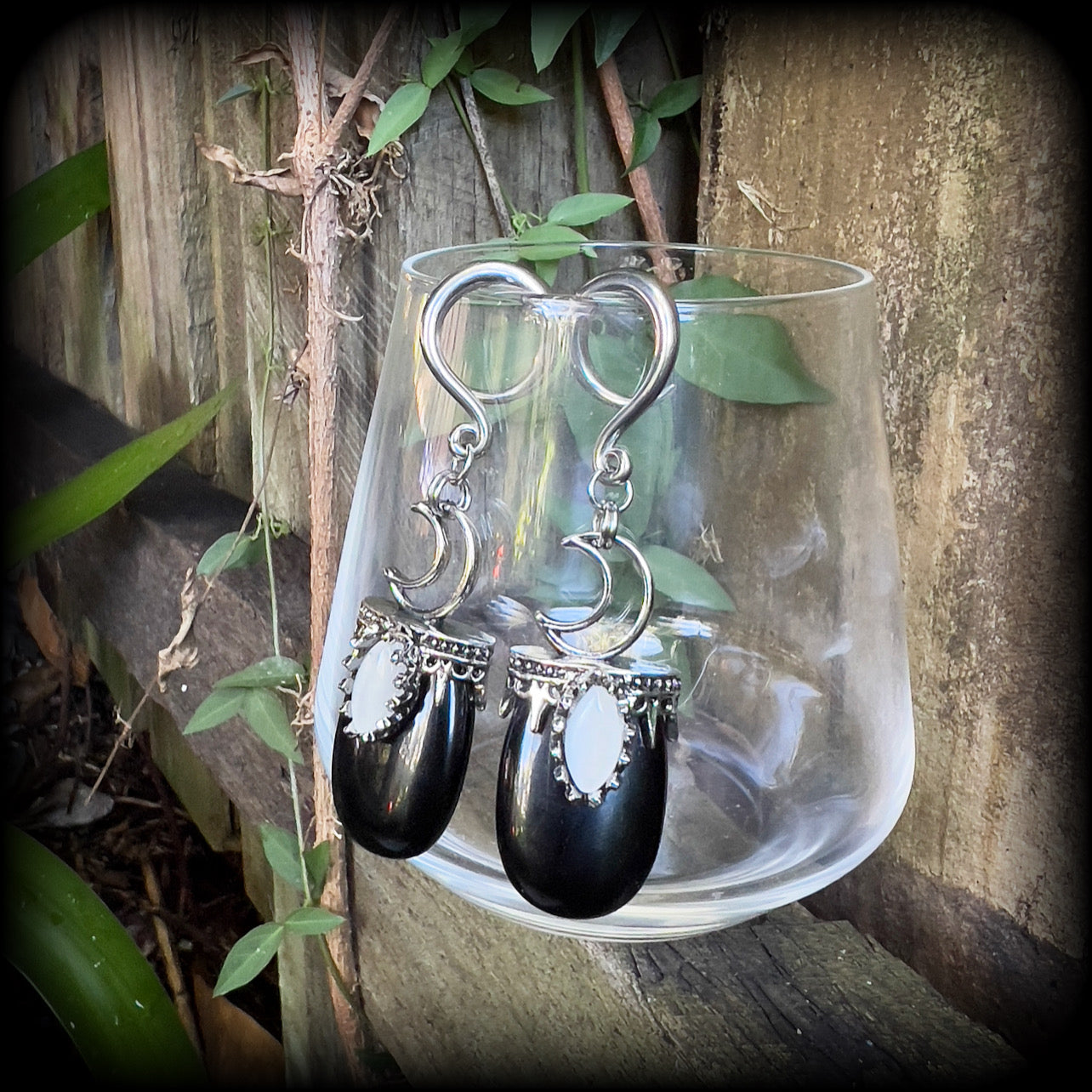 Black obsidian and crescent moon gauged earrings