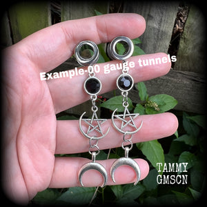 Crescent moon and pentagram tunnel dangles