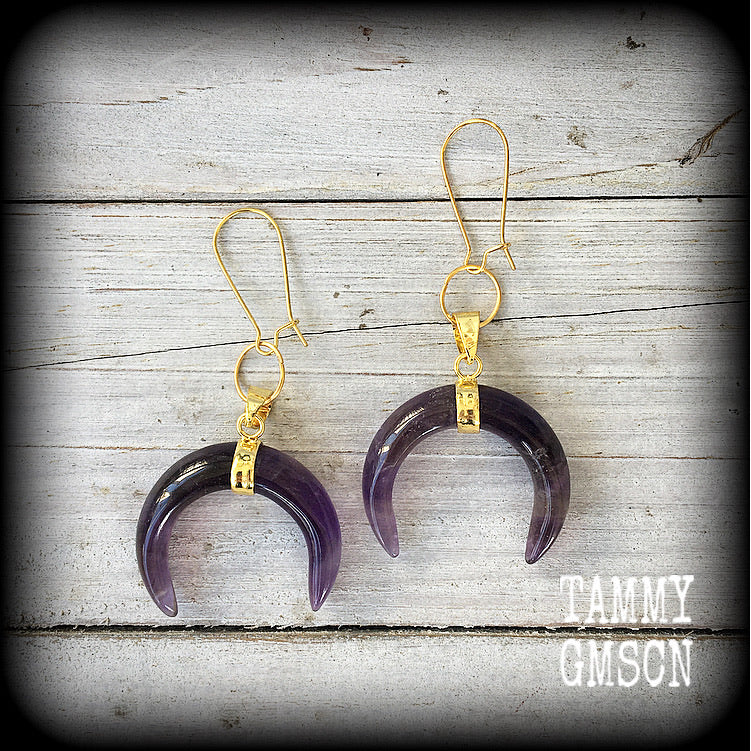 Amethyst earrings-Gemstone crescent moon earrings