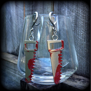 Bloodied bone saw ear hangers-Halloween earrings