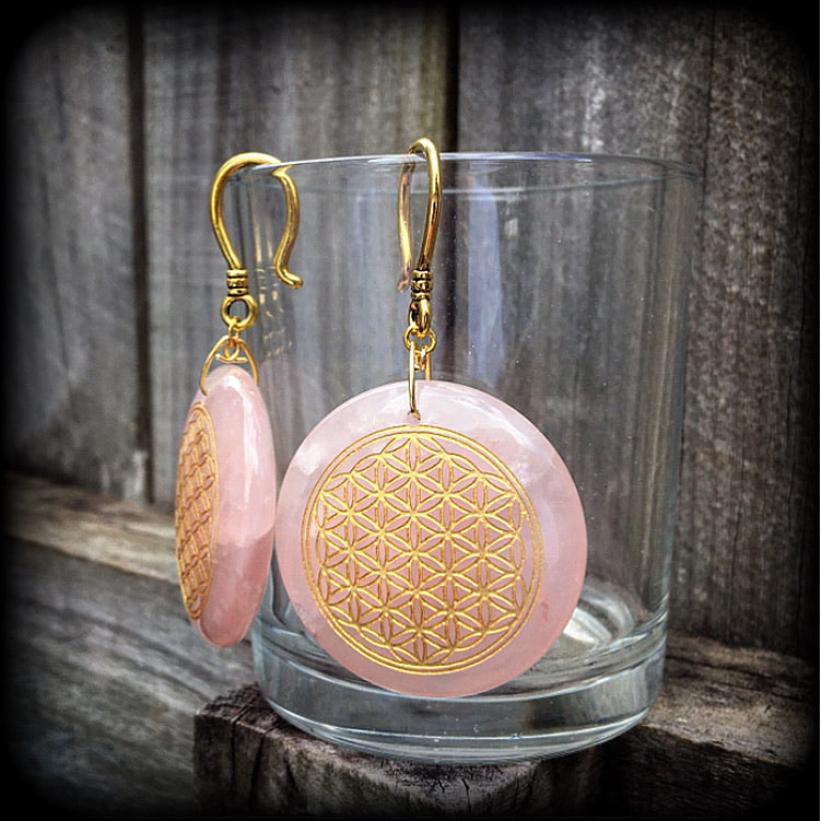 Rose Quartz ear weights-Flower of Life earrings