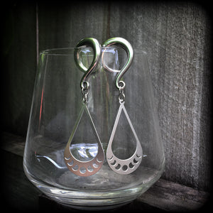 These gorgeous earrings feature stainless steel tear drop moon phase charms, measuring just on 7cms from tip to tip, and weighing only 8 grams each, not too heavy.

These gauged earrings have been made on 2 gauge (6mm) surgical steel full curl hooks, to be worn in stretched lobes.