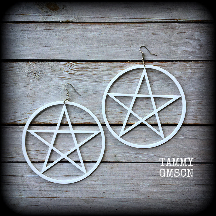 White goth oversized pentagram earrings