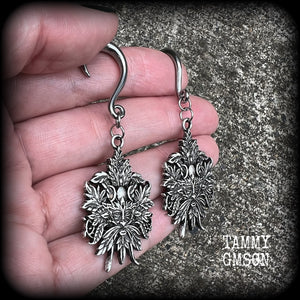 Greenman earrings Green man earrings Greenman jewelry Horned god Cernunnos jewelry Male god Stag god Folk horror Folk lore Mythology Mythological beasts Mythical Silver ear weights Ear hangers 4mm 6mm 8mm 10mm 12mm 14mm 16mm 19mm 22mm 25mm 28mm 30mm 