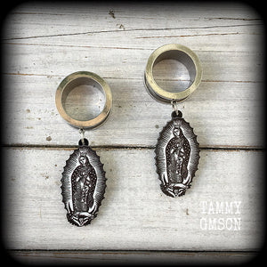 Lady of Guadalupe jewelry Lady of Guadalupe gauged earrings Sacred heart ear weights 16mm tunnels Tunnel earrings Tunnel dangles Ear hangers Body jewelry Religious jewelry Catholic jewellery 4mm 6mm 8mm 10mm 12mm 14mm 16mm 19mm 22mm 25mm Stretched lobes 