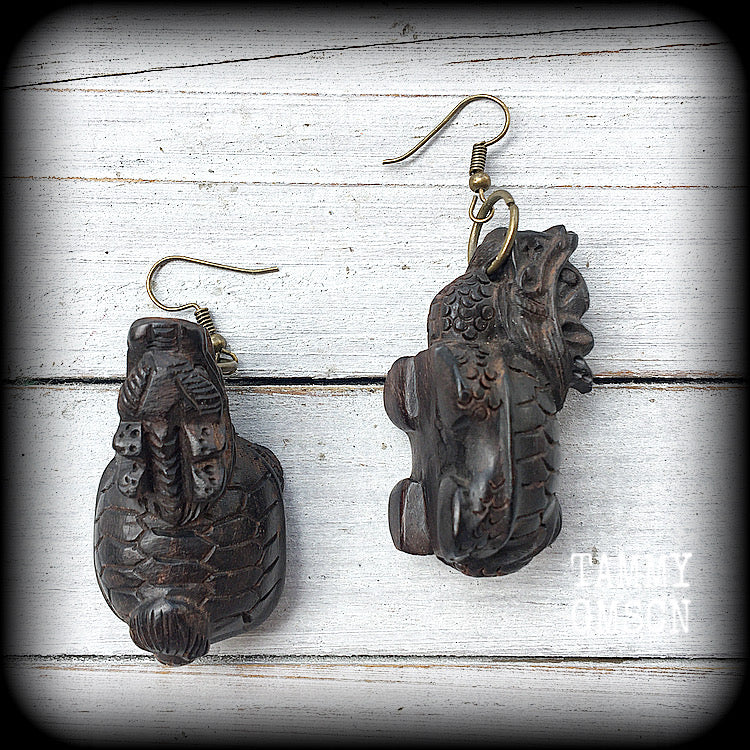 Dragon turtle earrings-Carved wood earrings