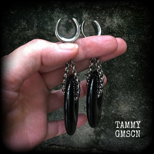 Black obsidian gauged earrings-Cradle weights