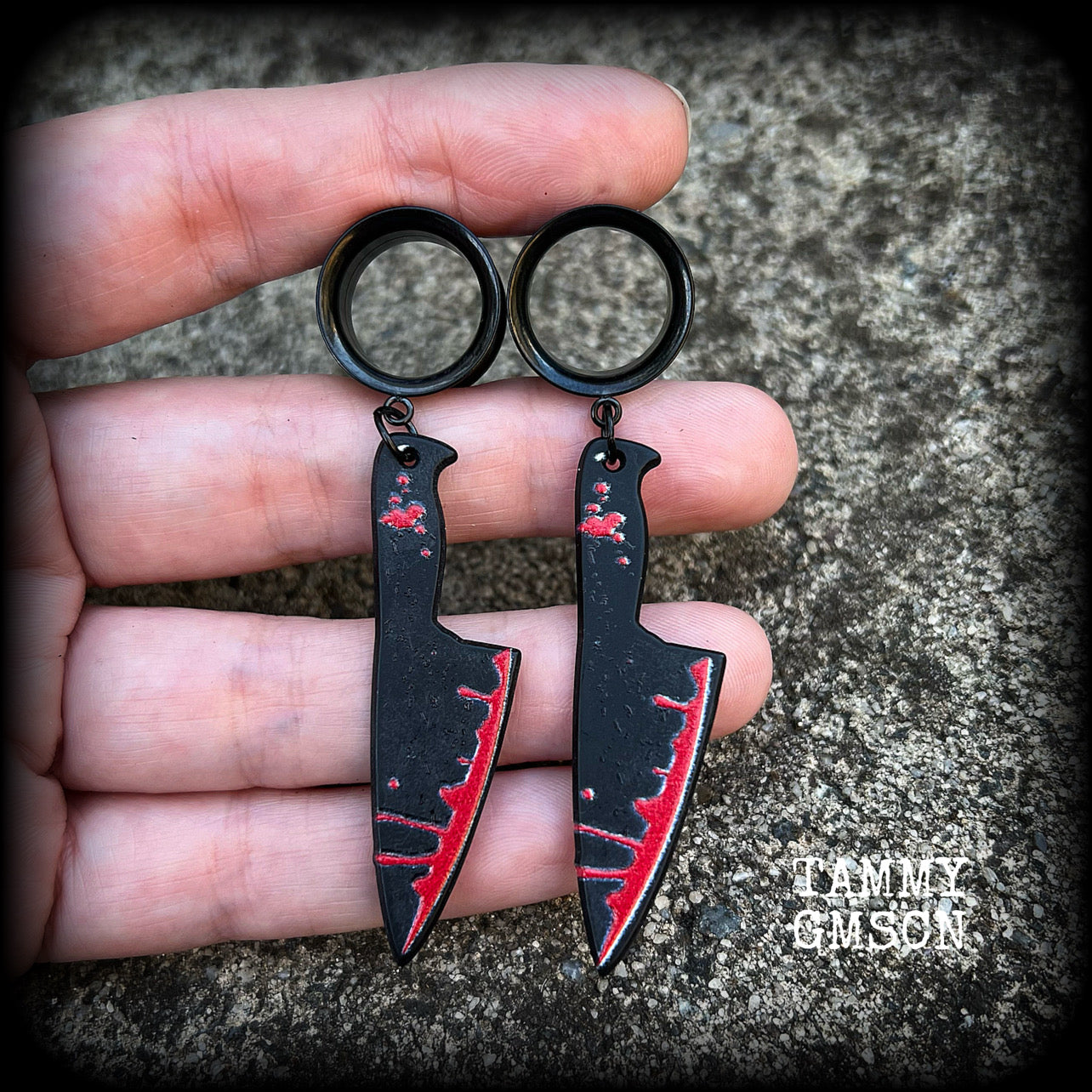 Bloodied knife tunnel earrings-Horror punk earrings