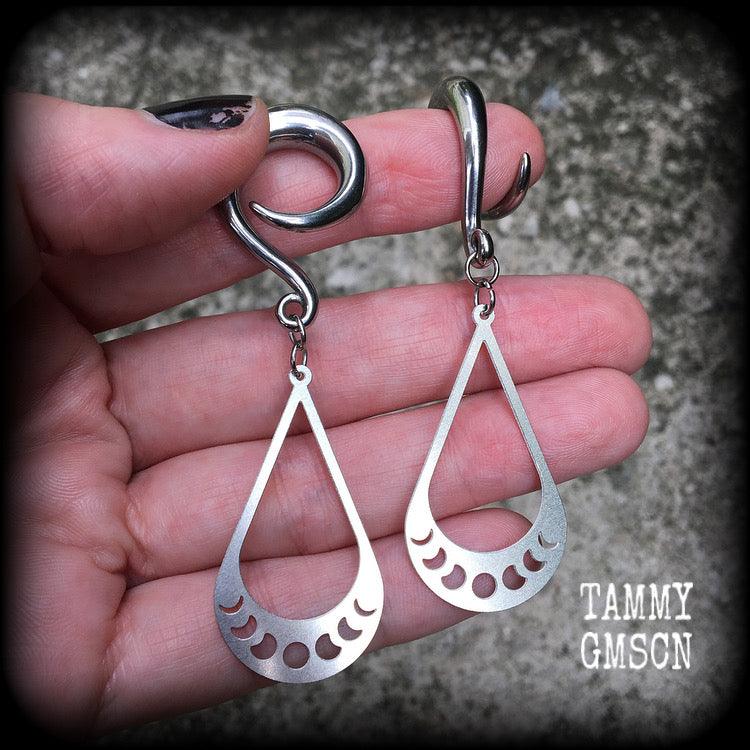 These gorgeous earrings feature stainless steel tear drop moon phase charms, measuring just on 7cms from tip to tip, and weighing only 8 grams each, not too heavy.

These gauged earrings have been made on 2 gauge (6mm) surgical steel full curl hooks, to be worn in stretched lobes.