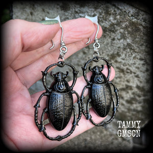 Scarab beetle earrings-Insect ear hangers