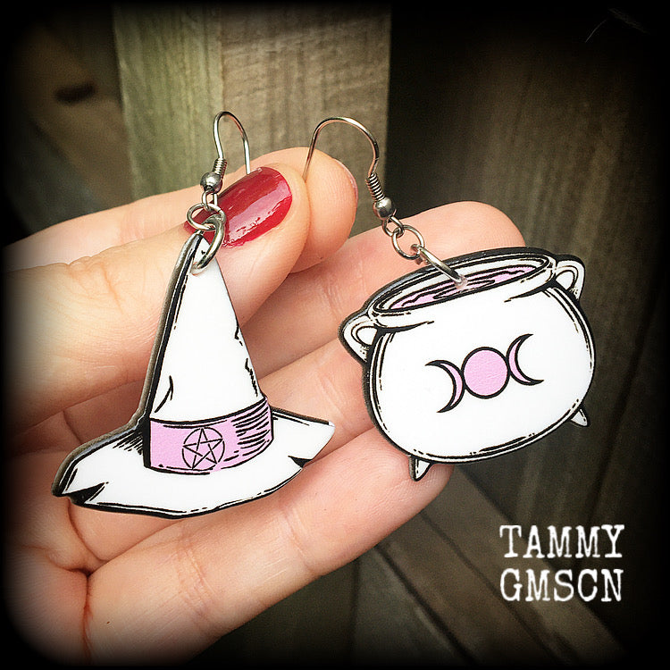 Witches hat and cauldron earrings-Pastel goth earrings