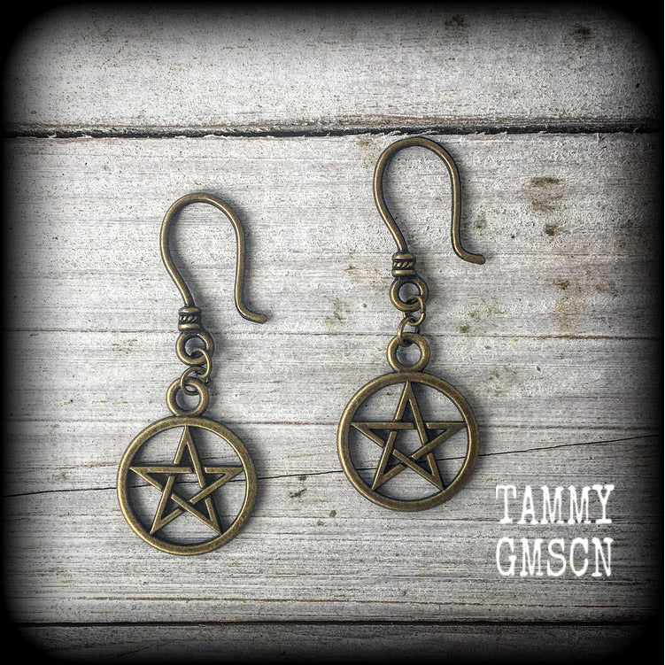 Bronze pentagram earrings-Pentacle ear hangers