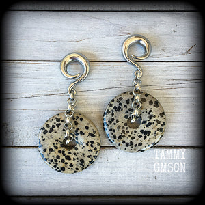 These Dalmatian Jasper gauged earrings have been made with chunky antique silver chain, measuring just under 10cms from tip to tip, and weighing 42 grams each

This pair has been made with 0 gauge (8mm) surgical steel full curls, for stretched lobes.