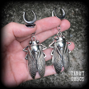 Silver cicada gauged earrings-Insect ear hangers